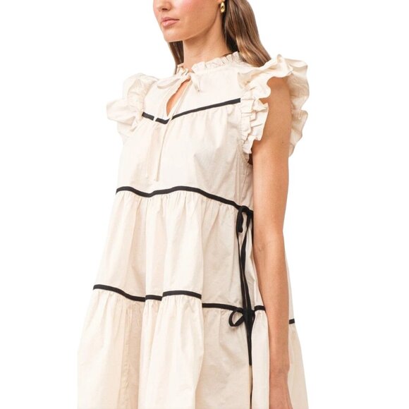 Sofie the label Ruffle Sleeve Tiered Mini Dress With Black Trim/Tie Detail Large - Picture 3 of 12